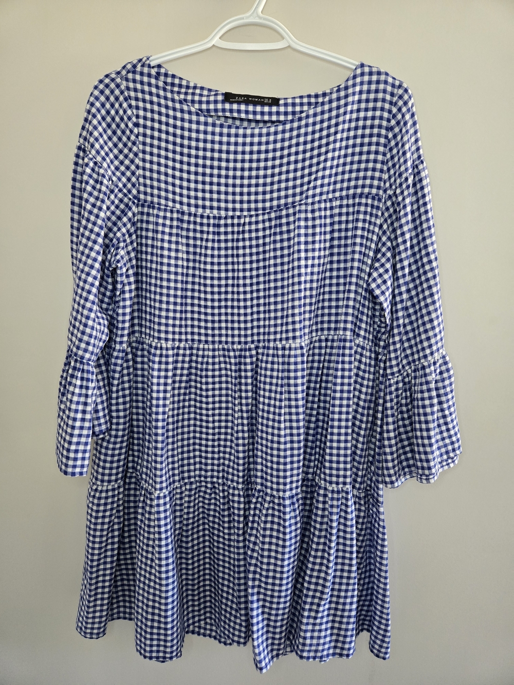 Zara gingham tiered flowy mini dress in blue + white print, bell sleeves, medium
